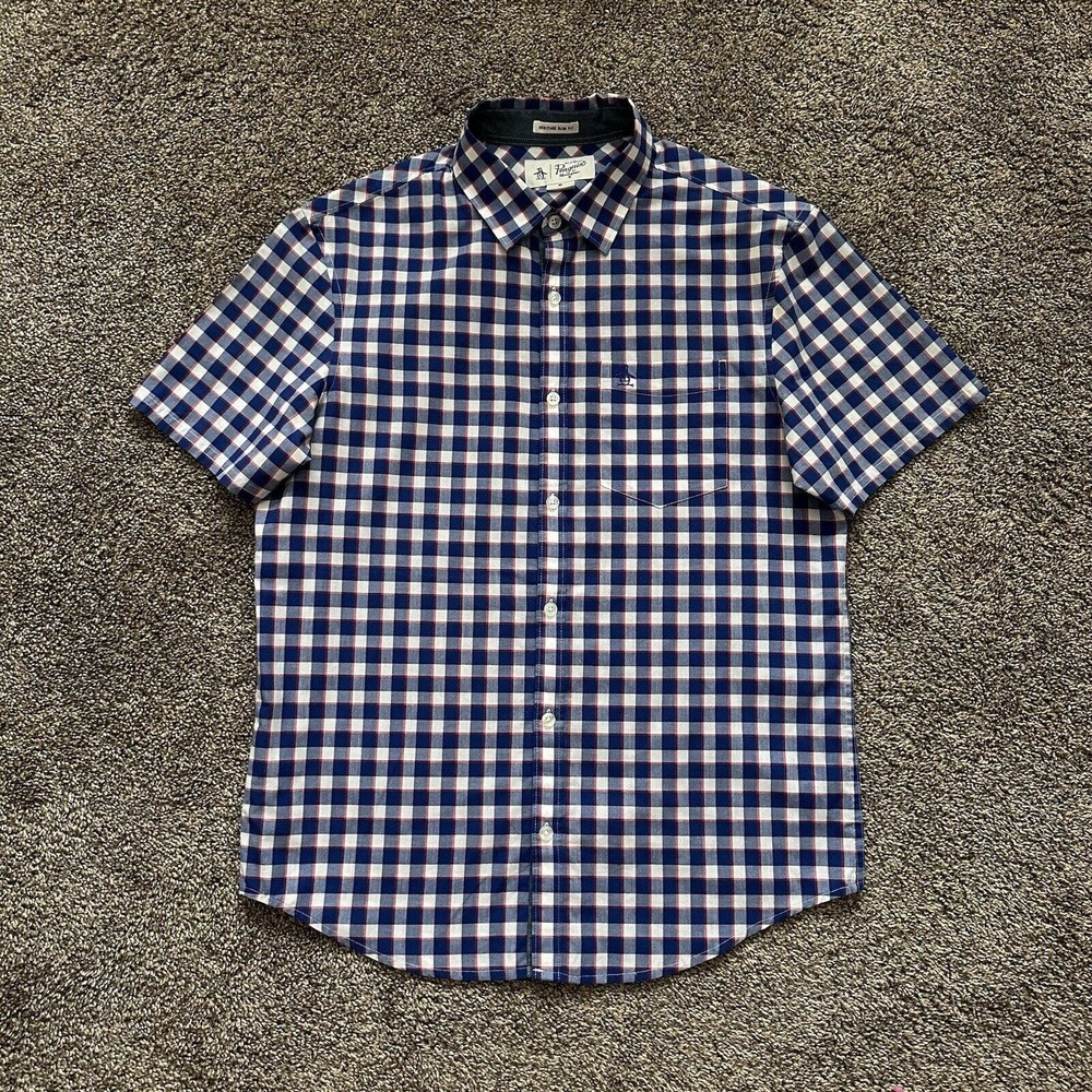 Penguin Blue/Pink Plaid Button Up Heritage Slim Fit Short Sleeve Shirt M